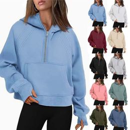 Autumn Winter Yoga Suit Scuba Hoodie Half Zip Womens Sports Loose Gym Jacket Fitness Short Plush Coat Sweatshirt Hooded Pullover Women Loose Cardigan Jacet