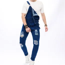 Men's Jeans Men Stylish Streetwear Ripped Slim Bib Overalls Jumpsuits Trousers Hip Hop Holes Male Motorcycle Biker Strap