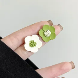 Stud Earrings Korean Contrast Color Green White Enamel Flower Earring For Women Girls Summer Sweet Party Floral Trend Jewelry