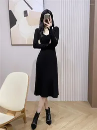 Casual Dresses Black Square Neck Warm Knitted Autumn Winter Women Beige Long Sleeve Birthday Evening Party Bodycon Dress Streetwear