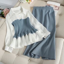 Two Piece Dress 2023 Spring Fashion Set Women Blouse Patchwork Pullover Knitwear And Split Slim Knit Mid Skirt Women s Elegant Suits 231130
