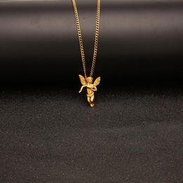 NEW Hip Hop Jewellery Angel Pendant Necklace Stainless Gold Plated With 60cm Chain For Men Nice Lover Gift Rapper Accessories Je269A