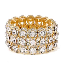 Wedding Jewelry Luxury Full Crystal Rhinestones Gold Color Bracelets for Women Bride Stretch Rope Wide Bracelets & Bangles217a