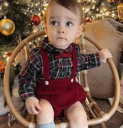 Clothing Sets Baby Boy Christmas Clothes Set Plaid Shirt BowSuspender Corduroy Short 2PCS Infant Toddler Strap Clothing Set Baby Clothes 1-3Y 231130