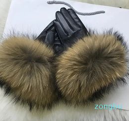 Five Fingers Gloves Real Raccoon Fur Gloves Women's Genuine Leather Gloves Fur Big Raccoon Fur Sheepskin Female Winter Velvet Warm Touch