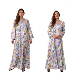 Ethnic Clothing Fashion Satin Printed Party Long Sleeve Evening Gowns Elegant Muslim Womens Wedding Maxi Dress Loose Robe Kaftan Vestidos