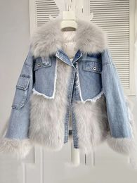 Women s Jackets KBAT Women Winter Denim Jacket Oversize Large Fur Collar Plus Velvet Detachable Thick Loose Warm Bomber Jean Coat 231129