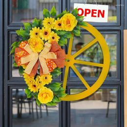 Decorative Flowers Yellow Wreath Spring Flower Decor Artificial Rustic Round Wreaths Dot Plaid Bowknot