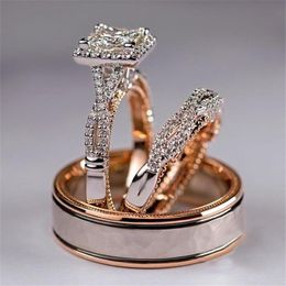 Sparkling Couple Rings Luxury Jewellery 925 Sterling Silver&Rose Gold Fill Princess Cut White Topaz CZ Diamond Women Wedding Band Ri275P