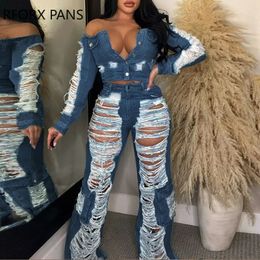 Women's Two Piece Pants Women Off Shoulder Button Ripped Jacket Tops Bottoms Multi Pockets Two Pieces Denim Pants Set 231129