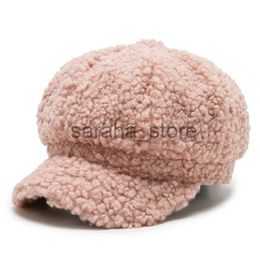 Ball Caps Autumn and Winter Lamb Wool Warm Octagonal Hat Fashion Artist Hat Teddy Velvet Solid White Paired Beret J231130