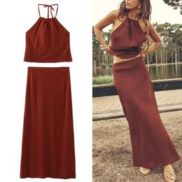 Women's Tanks 2023 Women 2 Pieces Sets Frayed Halter Top Sexy Sleeveless Backless Fashion Lace Up Tops Linen A-Line Midi Skirt Set