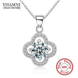 YHAMNI Fine Jewelry Solid Silver Necklace Clover Shape Set 1 ct SONA CZ Diamond Pendant Necklace For Women Wedding Jewelry 4Y247Q