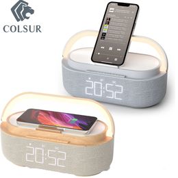 VR AR Devices Wireless Charger 15W Portable Digital FM Alarm Clock Bluetooth S er Radio Touch Night Light Dual Home Bedside Subwoofer 231129
