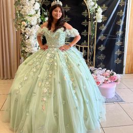 Sage Green Shiny Ball Gown Quinceanera Dress Applique Lace Beadeds Bow Sweet 16 Dress Birthday Party Dress Vestidos De 15 Anos