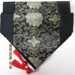 Asian Floral Patterns Black Silk Embroidered Table Runner