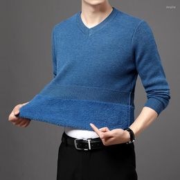Men's Sweaters 2023 Men's Velvet Sweater Winter Thermal Clothes V-Neck Warm Knitwear Male Long Sleeve Thick Jumpers Pullovers