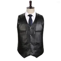 Men's Vests Men Waistcoat Faux Leather Vest Stylish Mid-aged V Neck With Plush Lining Warm Windproof