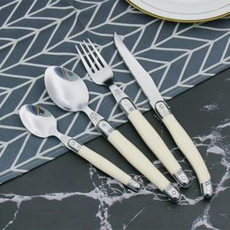 Dinnerware Sets 6pcs Laguiole White Silverware Stainless Steel Steak Knives Table Forks Dinner Spoons Dessert Teaspoon Set Mirror Polish