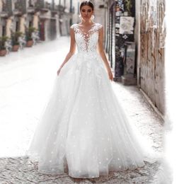 Charming Off-Shoulder Wedding Dresses Deep V-Neck Applique Tulle A-Line Backless Sweep Train Classic Made To Order