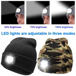 s 4 LED Lighted Beanie Cap Hip Hop Men Women Winter Warm Knitted Hat Luminous Outdoor Hunting Camping Hiking Running Fishing Caps 231129
