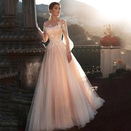 Hollow Covered Button Mordern Wedding Gown For Bride Attractive Long Sleeve A-Line Jewel Applique Sheer Neck Tulle Personalised