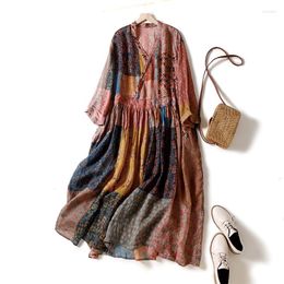 Casual Dresses Limiguyue Cotton Linen Women Summer Dress Ethnic Loose Print Long V-neck Patchwork Thin Breathable Vestidos U449