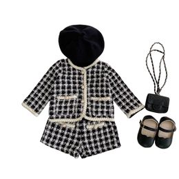 INS Girls plaid Woollen clothes sets kids black white lattice single breasted long sleeve outwear shorts 2pcs children princess outfits S0907