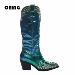 Boots Women Metallic Leather Western Boots Crystal- embellished Patchwork Knee High Boots Female Pointy Toe Block Heels Slip-on Botas 231129