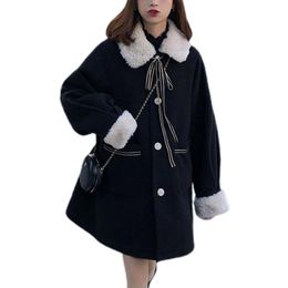 Women's Wool & Blends Autumn Pocket Jacket Coats Long Sleeve Fleece Thick Fashion Black Jackets Lace Up Coat Women Winter Loose Buttons Down
