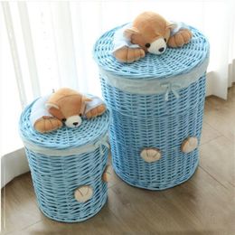 Small & Large laundry basket organizer woven wicker baskets Round Laundry Hamper Sorter Storage Basket with Bear Head Lid cesta LJ304E