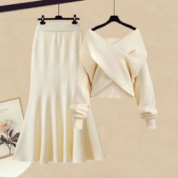 Skirts Vintage Autumn Winter Knit Two Piece Set Women Sweater Top Fishtail Sets Fashion Casual Knitted 2 Suits 231130