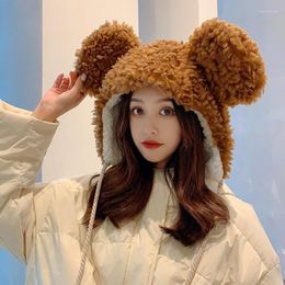 Beanies Beanie/Skull Caps Winter Thicken Cute Bear Plush Warm Earflap Hat Hooded Lamb Hair Ears Windproof Beanie Cap With Drawstring Chin