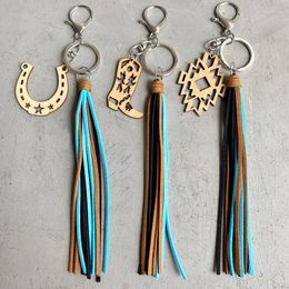 Keychains 2023 Wholesale Style European And American Pendant Aztec Horseshoe Denim Wood Retro Old Leather Tassel Keychain