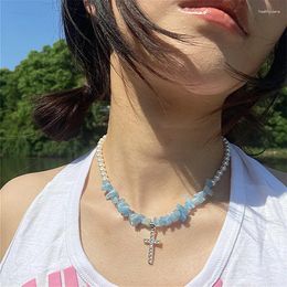 Pendant Necklaces 2023 Rhinestone Cross Necklace For Women Natural Stone Aquamarine Crystal Gravel Clavicle Chain Pearl Stitching