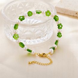 Strand Ins Natural Freshwater Pearl Bracelet Women's Crystal Glass Green Flower Splicing Simple Jewellery