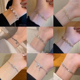 Charm Bracelets Hollow Heart For Women Sweet Sparkling Zircon Silver Colour Copper Chain Bangles Delicate Wristband Jewellery