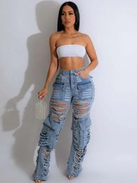 Women's Jeans Y2k Fashion Light Distressed Denim Pants With Multi-pockets High Street Clothes For Girls Zipper Up Button Full Length