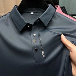 Men's Polos Ice Silk Embroidery Polo Shirt Summer Lapel Elasticity T-shirt Korean Fashion Short Sleeve Business Casual Men Clothing 231129