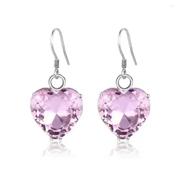 Dangle Earrings Pink Heart Crystal Gemstone Earrng For Women 925 Sterling Silver Long Drop Earring Cute Romantic Jewellery