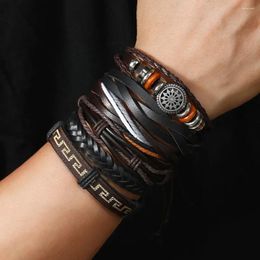 Charm Bracelets Vintage 6Pcs/ Set Sunflower Leather Bracelet For Men Braided Wrap Wristband Rope Mens Beads Jewelry