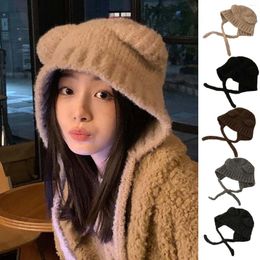 Berets Ski Pin Ear Lace Up Winter Hat Women Solid Colour Bear Decor Knitted Plaid Cab Insulated Baseball Cap Fir