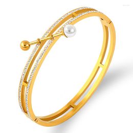 Bangle Hollow Double Row Full Rhinestone Pearl Bracelet Titanium Steel Zirconia Gold Woman Fine Jewellery Bijoux