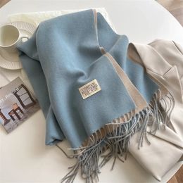 Scarves Warm Winter Cashmere Scarf for Women Fashion Korean Style Solid Color Double Sided Neckerchief Knitted Wraps 231130