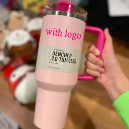 Pink Flamingo 40oz Stainless Steel Adventure H2.0 Tumblers Cups with handle lid straws Travel Car mugs vacuum insulated drinking water bottles GG1130