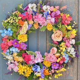 Decorative Flowers Spring Summer Wreath For Front Door Artificial Floral Decorations With Tulip Butterflies Green Leaves Wall Deor