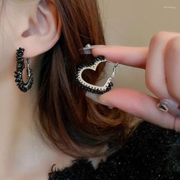Hoop Earrings Korean Black Crystal Beaded Love Heart For Women French Light Luxury Temperament Fashion Jewelry Pendientes