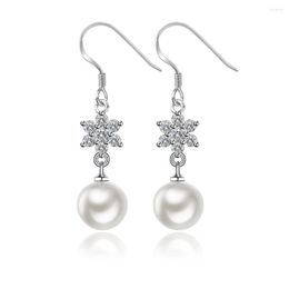 Dangle Earrings 925 Sterling Silver Drop Snow Zircon Pearl Snowflakes Chain Christmas Gift Micro Inlay Cubic Zirconia E