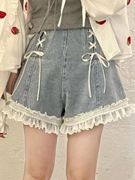 Women's Shorts Sweet Lolita Denim Vintage Elegant Cute Women Lace Patchwork Bow High Waist Short Pants Ruffles Wide Leg