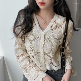 Women's Blouses OUMEA Women Knitting Daisy Cardigans Cotton Crochet Casual Beach Cover Up Long Sleeve Buttons Front Shirts V Neck Tops